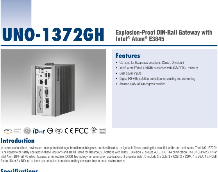研華UNO-1372GH 通過Class I，Division 2認(rèn)證的導(dǎo)軌安裝工業(yè)控制器，搭配英特爾?凌動?四核處理器