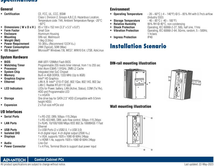 研華UNO-1372GH 通過Class I，Division 2認(rèn)證的導(dǎo)軌安裝工業(yè)控制器，搭配英特爾?凌動?四核處理器