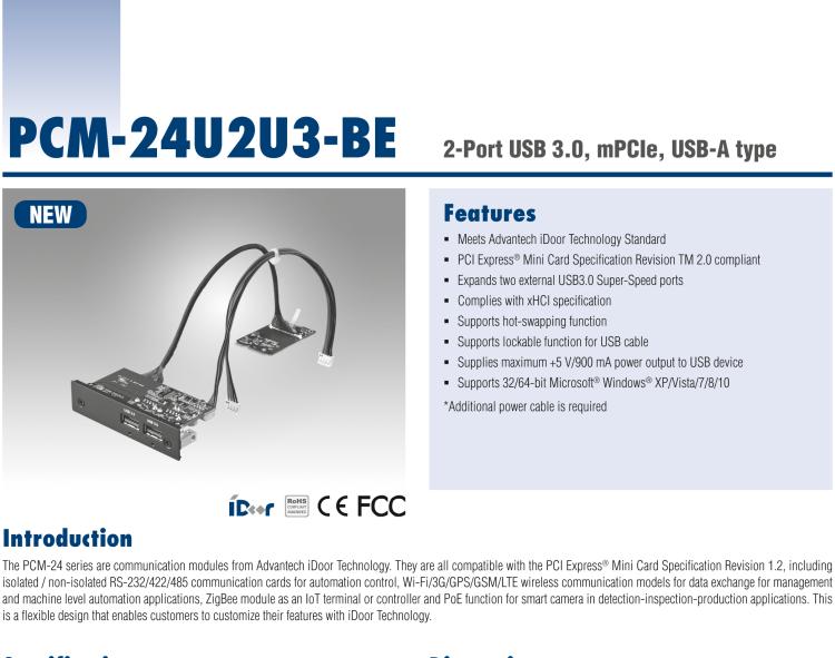 研華PCM-24U2U3 2端口USB 3.0，mPCIe，USB-A型