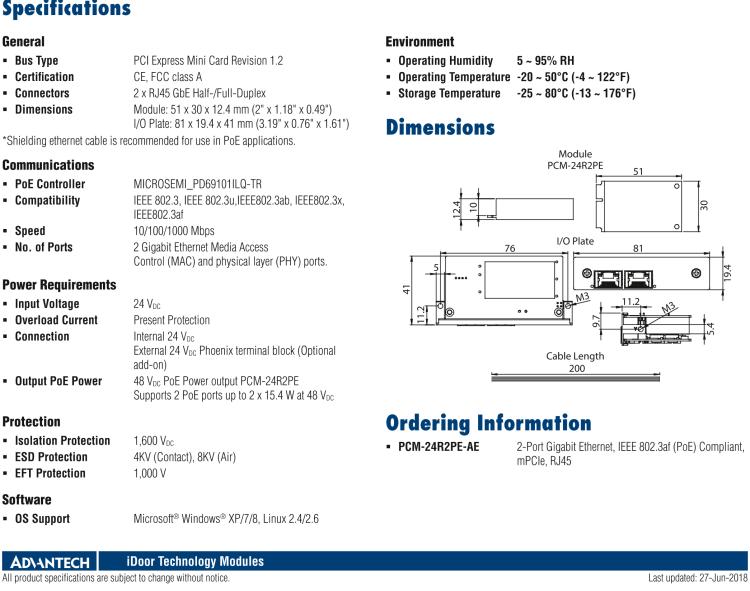 研華PCM-24R2PE 2端口千兆以太網(wǎng)，兼容IEEE 802.3af（PoE），mPCIe，RJ45