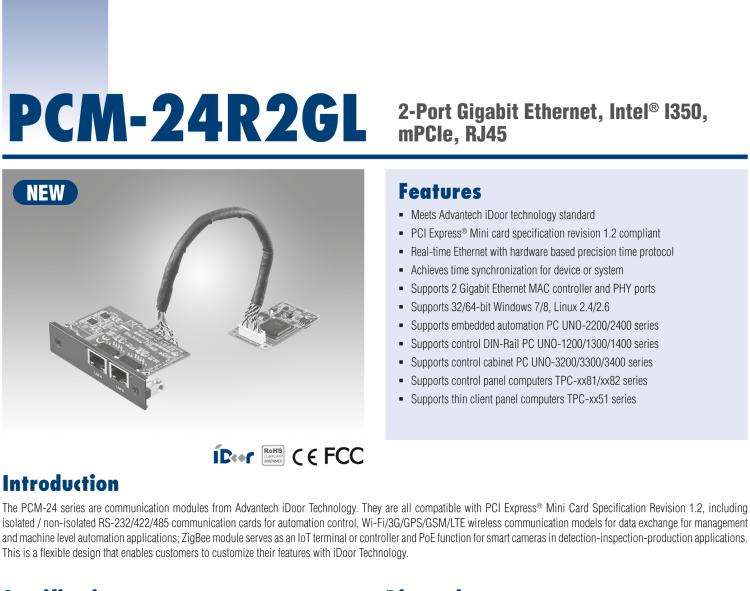 研華PCM-24R2GL 2端口千兆以太網(wǎng)，mPCIe，RJ45
