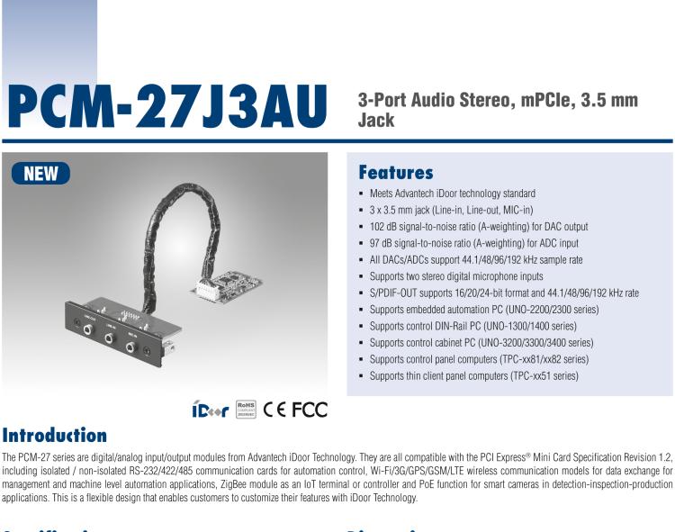 研華PCM-27J3AU 3端口立體聲音頻，mPCIe，3.5毫米插孔
