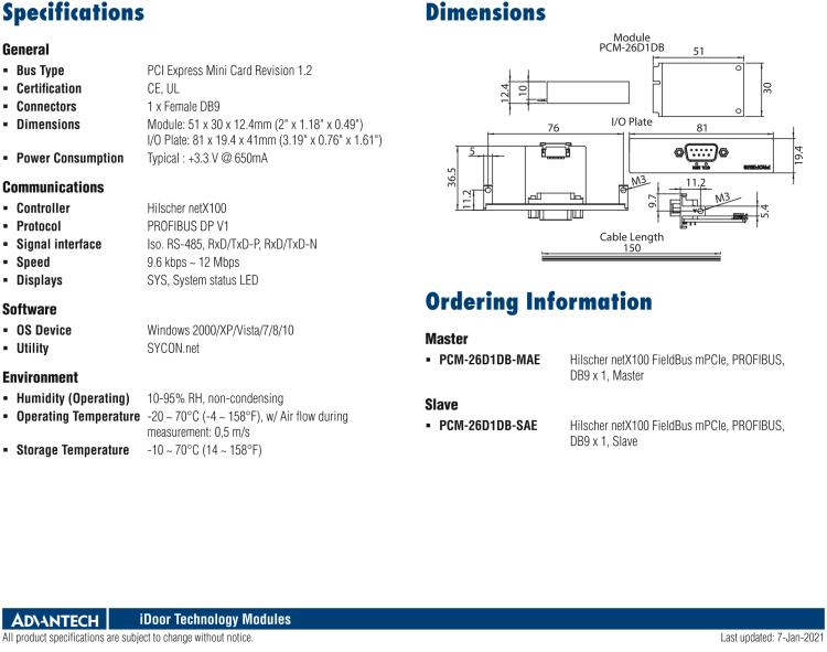 研華PCM-26D1DB 1端口 Hilscher netX100 現(xiàn)場(chǎng)總線 mPCIe，PROFIBUS，DB9