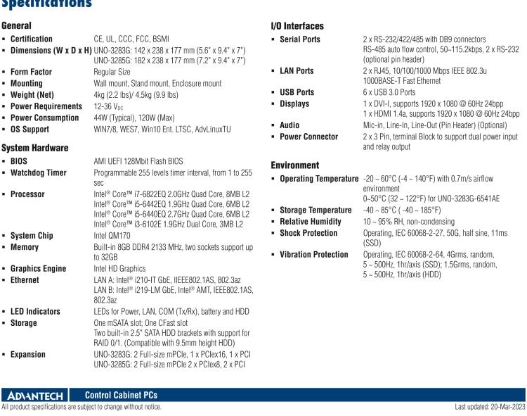 研華UNO-3283G 高效能嵌入式無(wú)風(fēng)扇工業(yè)電腦，搭配Intel? Core? i 處理器，2×GbE, 2×mPCIe, HDMI, DVI-I