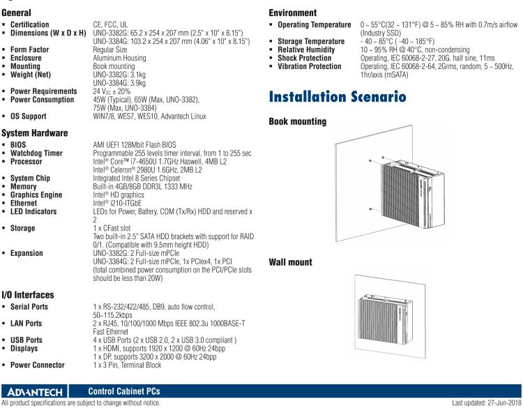 研華UNO-3382G Intel? Core? i7/Celeron控制柜PC，2 x GbE, 2 x mPCIe, HDMI/DP