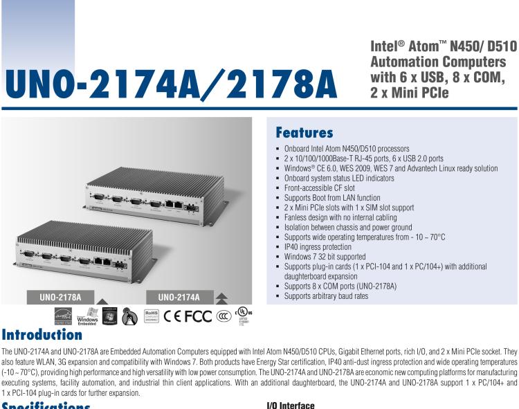 研華UNO-2178A Intel? Atom? D510無風扇嵌入式工業(yè)電腦，6 x USB, 8 x COM, 2 x Mini PCIe