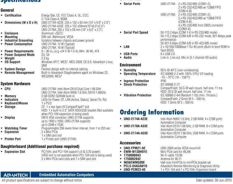 研華UNO-2178A Intel? Atom? D510無風扇嵌入式工業(yè)電腦，6 x USB, 8 x COM, 2 x Mini PCIe