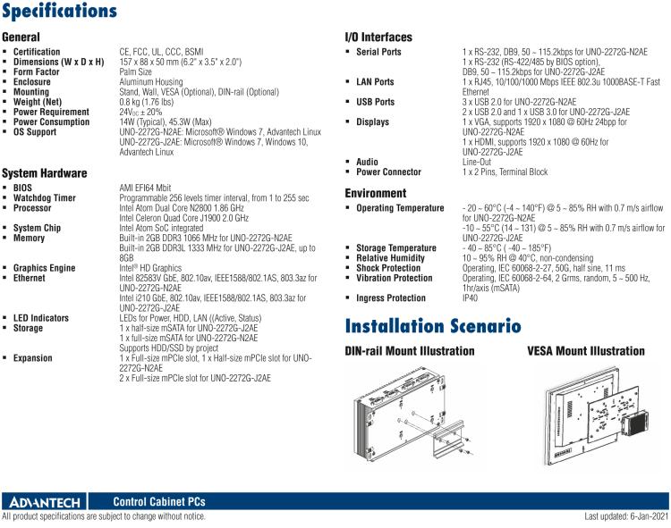 研華UNO-2272G 袖珍型嵌入式工控機(jī)，搭配Intel? Atom?處理器，1 x GbE, 2 x mPCIe, VGA/HDMI