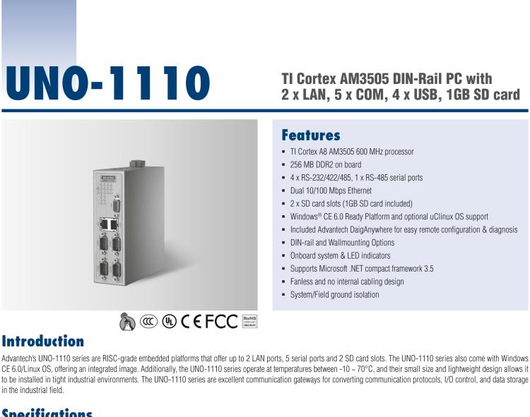 研華UNO-1110 導(dǎo)軌安裝型工業(yè)控制器，搭配TI Coretex AM3505 處理器，2×LAN，5×COM，4×USB，1 GB SD卡