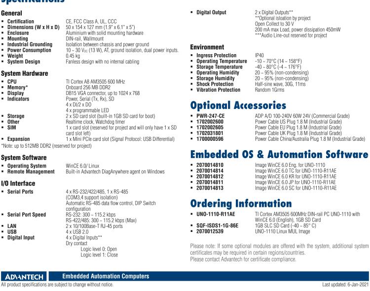 研華UNO-1110 導(dǎo)軌安裝型工業(yè)控制器，搭配TI Coretex AM3505 處理器，2×LAN，5×COM，4×USB，1 GB SD卡