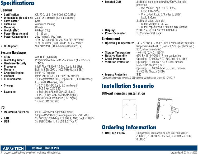 研華UNO-137 DIN導軌控制器，配備Intel?Atom?E3940 CPU、2個LAN、2個COM、3個USB 3.0、1個USB 2.0、2個DP 1.2、8個DI、8個DO、1個M.2、1個mPCIe、TPM 2.0
