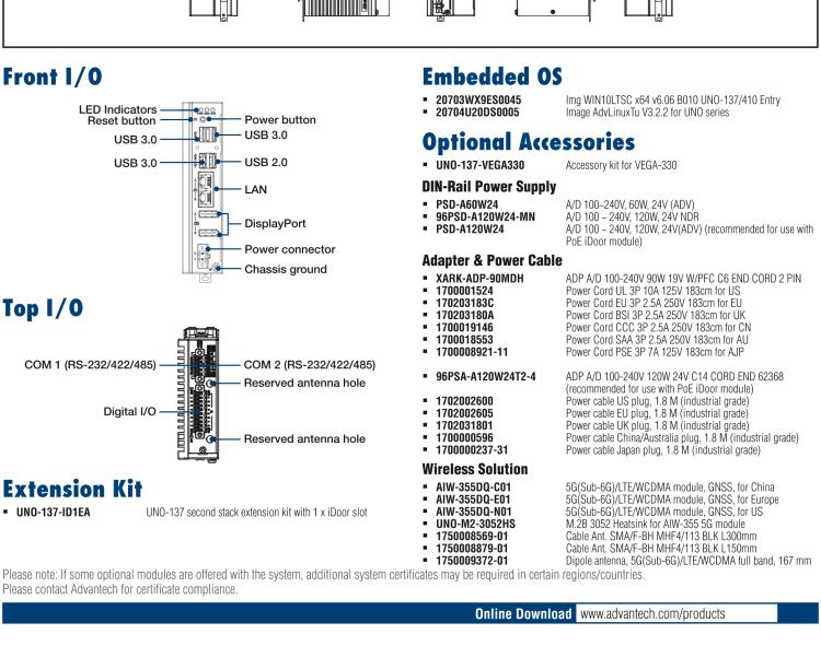 研華UNO-137 DIN導軌控制器，配備Intel?Atom?E3940 CPU、2個LAN、2個COM、3個USB 3.0、1個USB 2.0、2個DP 1.2、8個DI、8個DO、1個M.2、1個mPCIe、TPM 2.0