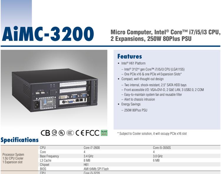 研華AiMC-3200 智能微型工控機，Intel Core i7/i5/i3 CPU,2 擴展槽，250W 80 Plus PSU