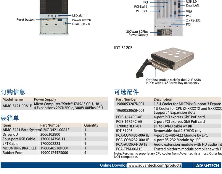 研華AIMC-3421 智能微型計(jì)算機(jī)，支持英特爾酷睿? i7/i5/i3 CPU,H81芯片組，4個(gè)擴(kuò)展槽2PCI/2PCIe,300W 80Plus 電源