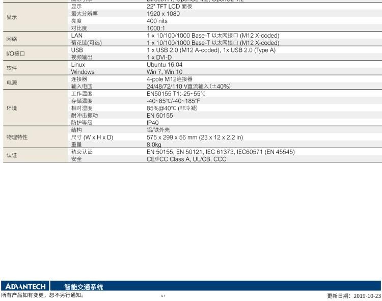 研華ITA-7220 滿足鐵路En50155認證標準，英特爾?賽揚?J1900 22英寸無風扇鐵路平板電腦