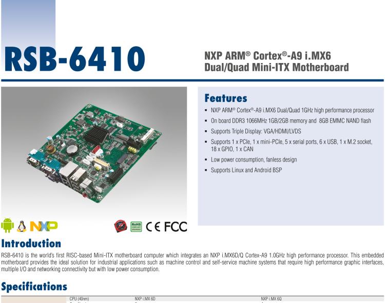 研華RSB-6410 基于NXP ARM Cortex-A9 i.MX6 Dual/Quad 的Mini-ITX工業(yè)主板， 支持Linux Yocto/Android