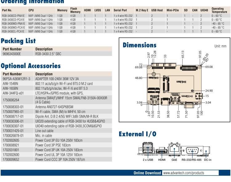 研華RSB-3430 基于NXP Arm Cortex-A9 i.MX6平臺,精簡功能的2.5寸緊湊型單板電腦。搭配UIO20/40可快速擴展各種外設(shè)接口