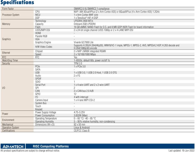 研華ROM-5620 基于NXP i.MX8X SMARC2.0 Arm核心板，多接口，低功耗設(shè)計