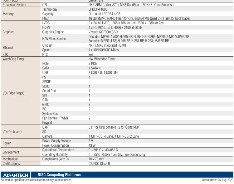 研華ROM-7720 基于NXP i.MX 8QM Qseven Arm核心模塊，多核異構(gòu)，具備優(yōu)異的計算及圖形顯示性能