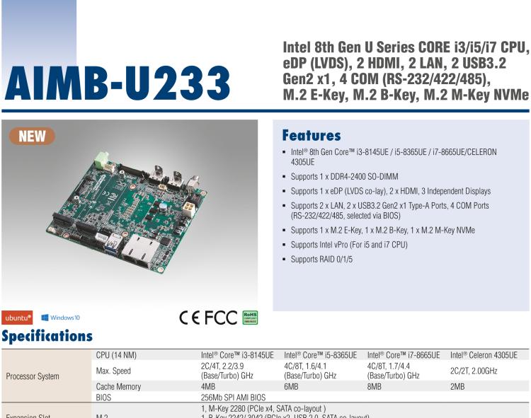 研華AIMB-U233 板載Intel 第8代 U系列 Core i3/i5/i7 處理器。低功耗高性能，無(wú)風(fēng)扇設(shè)計(jì)。
