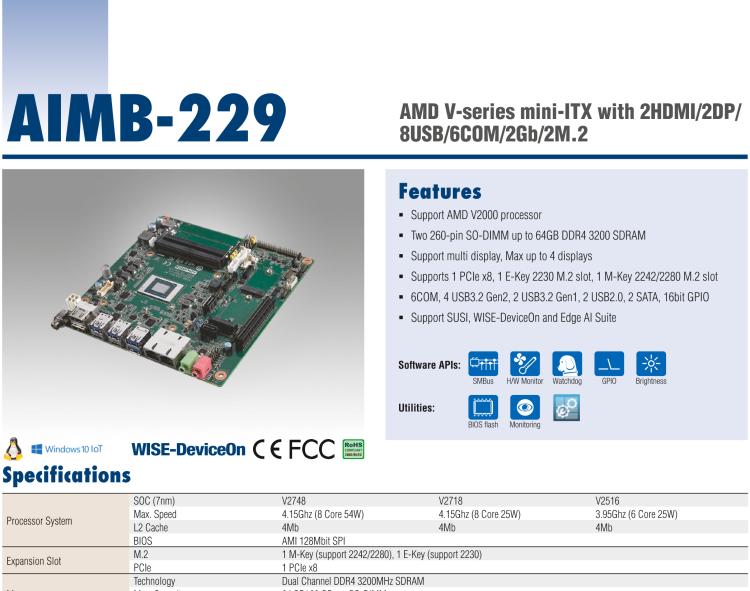 研華AIMB-229 板載AMD V2000系列8核/16線程CPU。視頻圖像處理性能強(qiáng)勁，接口豐富，超薄緊湊設(shè)計(jì)。