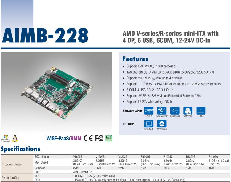 研華AIMB-228 板載AMD V系列/R系列處理器。超薄設(shè)計，支持寬壓，廣泛應(yīng)用在圖像處理、醫(yī)療影像等行業(yè)上。