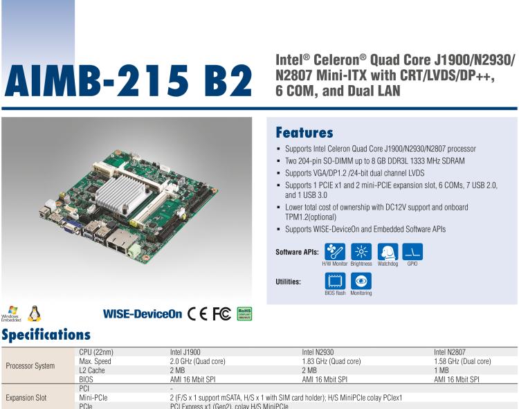 研華AIMB-215 板載Intel? 第4代 賽揚處理器。豐富的擴展，無風扇設計，支持寬溫寬壓。