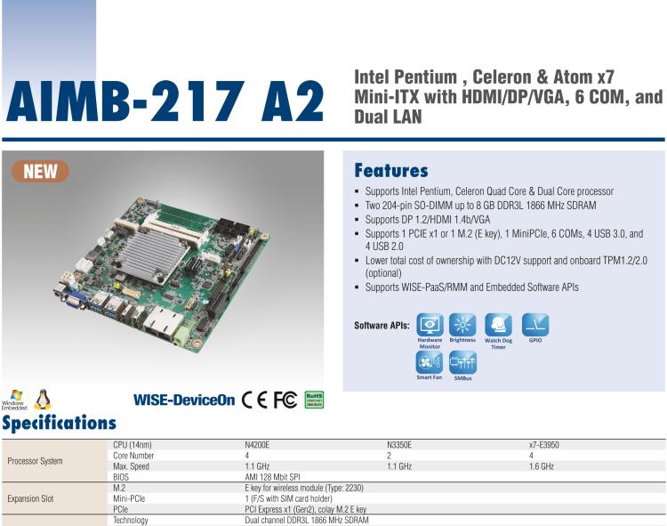 研華AIMB-217 板載Intel? 第6代 奔騰、賽揚、凌動系列處理器。擁有多COM和雙千兆網(wǎng)口，超薄緊湊，無風(fēng)扇設(shè)計，支持寬溫。