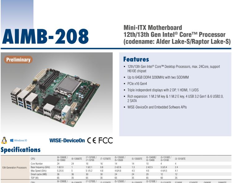 研華AIMB-208 適配Intel 第12/13代 Core i/奔騰系列處理器，搭載H110芯片組。高性價(jià)比，擁有豐富的擴(kuò)展接口，通用性強(qiáng)，穩(wěn)定可靠。