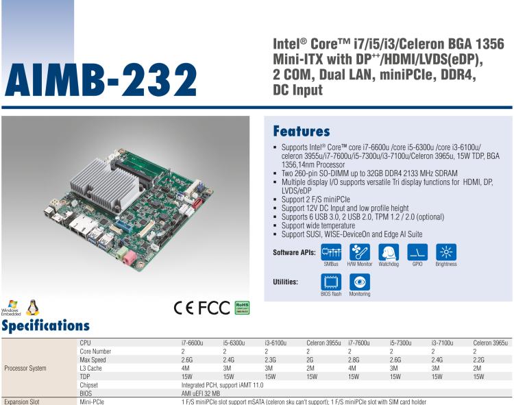 研華AIMB-232 板載Intel? 第6/7代 Core? i/賽揚 處理器。超薄設計，無風扇設計，支持寬溫。