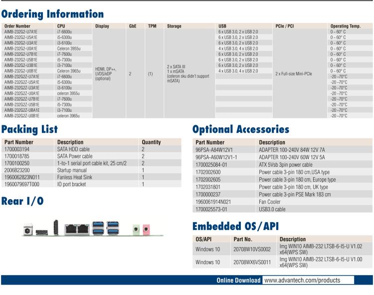 研華AIMB-232 板載Intel? 第6/7代 Core? i/賽揚 處理器。超薄設計，無風扇設計，支持寬溫。