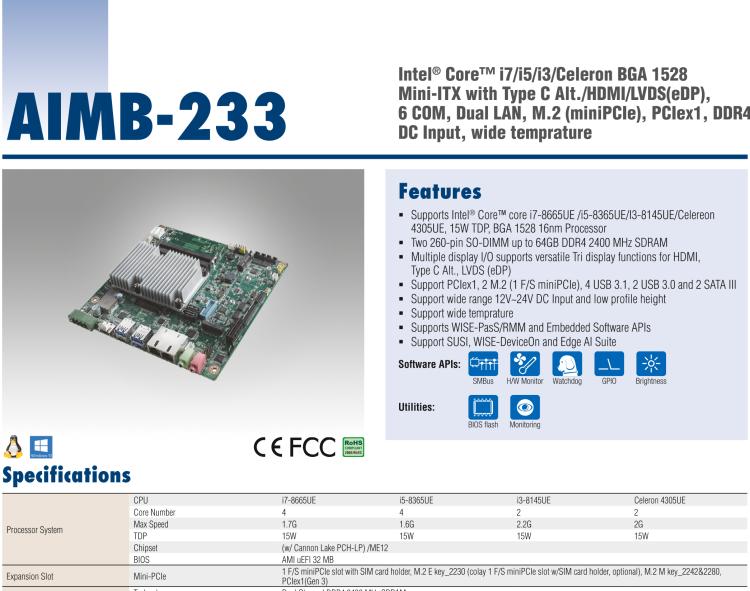 研華AIMB-233 板載Intel? 第8代 Core i 處理器。擁有Type C接口，滿足各類擴(kuò)展需求。低功耗，超薄緊湊，無風(fēng)扇設(shè)計，支持寬溫寬壓，性能強勁。