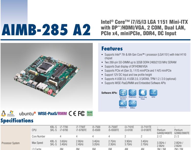 研華AIMB-285 適配Intel? 第6/7代 Core? i 處理器，搭載H110芯片組。超薄緊湊，是理想的高性價(jià)比解決方案。