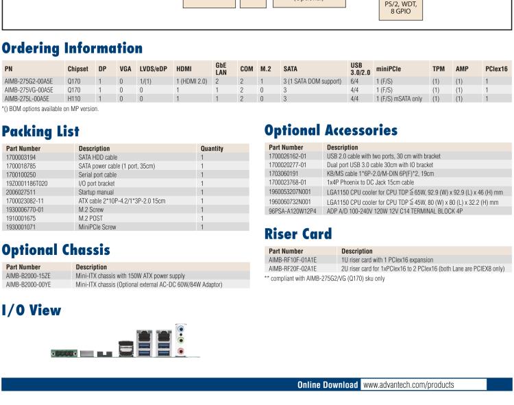 研華AIMB-275 適配Intel? 第6/7代 Core? i 處理器，搭載Intel Q170/H110芯片組。性能強勁，接口豐富。