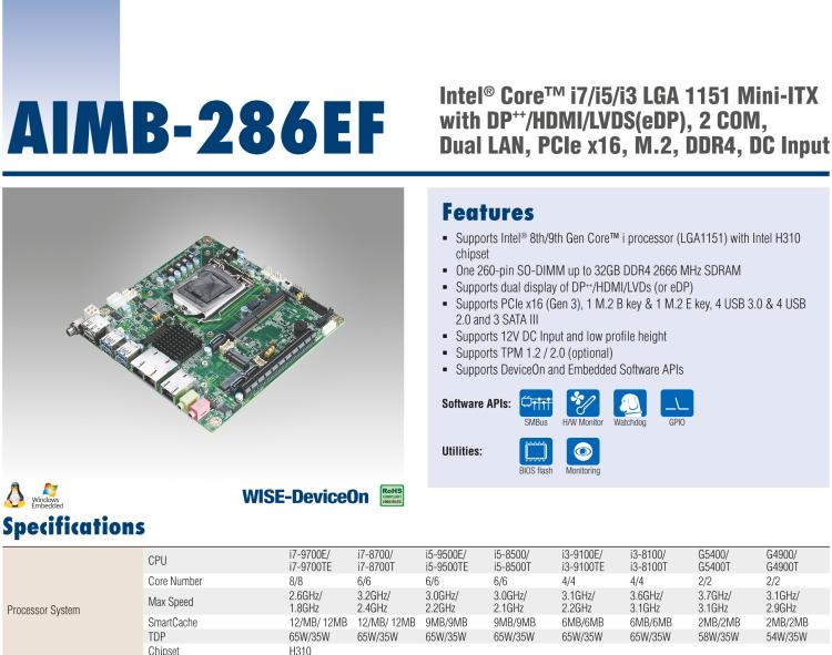 研華AIMB-286EF 適配Intel 第8/9代 Core i 處理器，搭載Intel H310芯片組。擁有1個PCIe x16插槽。超薄設(shè)計，接口豐富，是高端應(yīng)用中的高性價比方案。