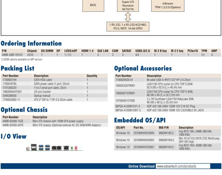 研華AIMB-286EF 適配Intel 第8/9代 Core i 處理器，搭載Intel H310芯片組。擁有1個PCIe x16插槽。超薄設(shè)計，接口豐富，是高端應(yīng)用中的高性價比方案。