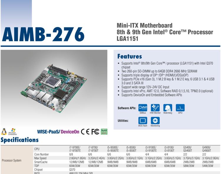 研華AIMB-276 適配Intel 第8/9代 Core?i7/i5/i3 處理器，搭載Q370芯片組。超高性能，是邊緣計算、AI視頻檢測等理想解決方案。