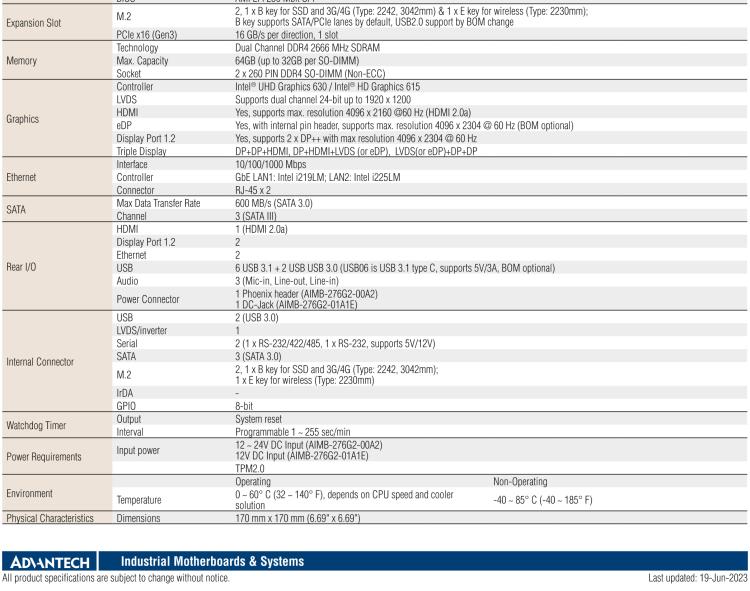 研華AIMB-276 適配Intel 第8/9代 Core?i7/i5/i3 處理器，搭載Q370芯片組。超高性能，是邊緣計算、AI視頻檢測等理想解決方案。