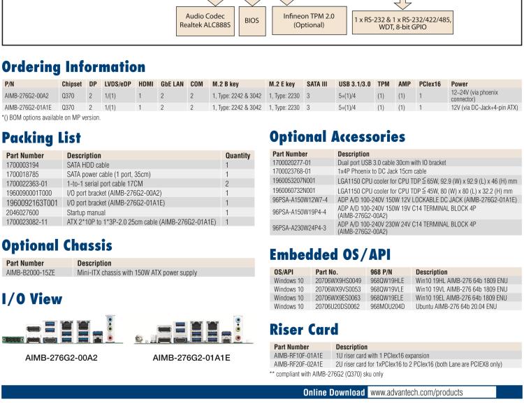 研華AIMB-276 適配Intel 第8/9代 Core?i7/i5/i3 處理器，搭載Q370芯片組。超高性能，是邊緣計算、AI視頻檢測等理想解決方案。