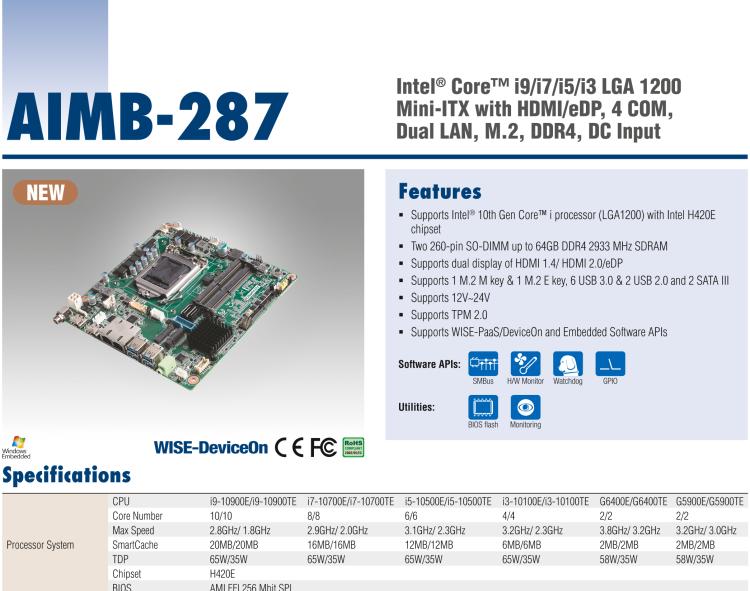 研華AIMB-287 適配Intel? 第10代 Core? i 系列處理器，搭載H420E芯片組。超薄設計，性能強勁。