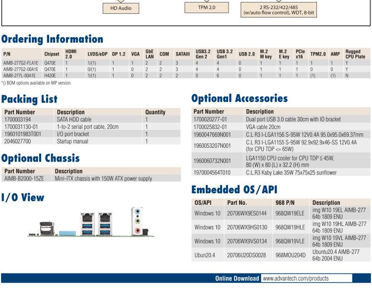 研華AIMB-277 適配Intel? 第10代 Core? i 系列處理器，搭載Q470E芯片組。性能強(qiáng)勁，適用于高端應(yīng)用領(lǐng)域。