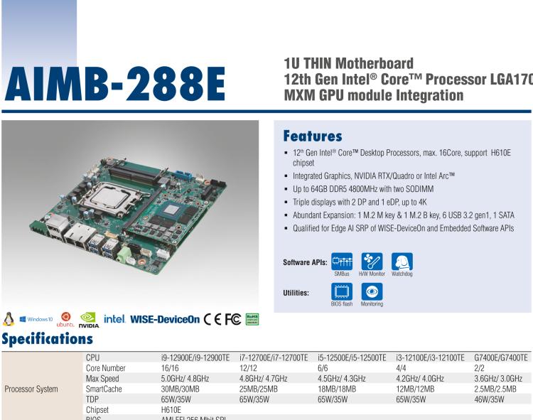 研華AIMB-288E 板載Intel 第12代 Core i 桌面級CPU。橫向顯卡插槽，搭配NVIDIA Quadro T1000 MXM顯卡。超薄散熱設計，高性能選擇方案。