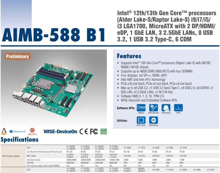 研華AIMB-588B1 適配Intel 第12/13代 Core i/奔騰系列處理器，搭載Q670E/R680E/H610E芯片組。性能可達服務器級別，獨立四顯，具備專業(yè)的圖像處理能力，是理想的行業(yè)解決方案。