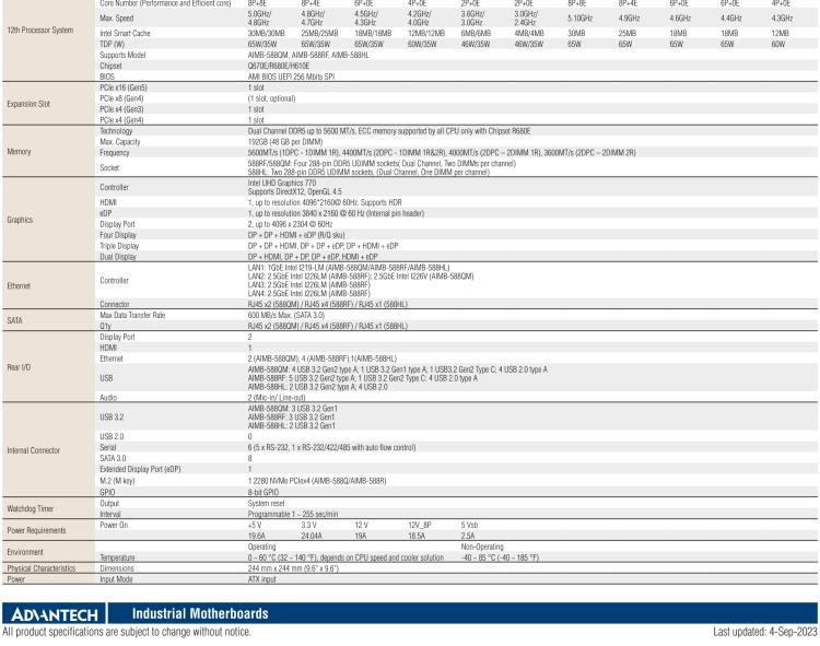 研華AIMB-588B1 適配Intel 第12/13代 Core i/奔騰系列處理器，搭載Q670E/R680E/H610E芯片組。性能可達服務器級別，獨立四顯，具備專業(yè)的圖像處理能力，是理想的行業(yè)解決方案。