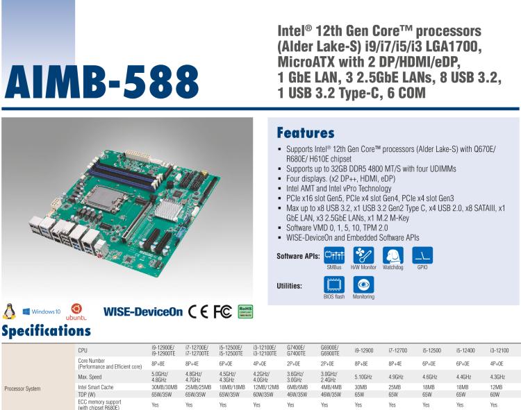 研華AIMB-588 適配Intel 第12代 Core i 系列處理器，搭載Q670E/ R680E/ H610E芯片組。高性能可達(dá)服務(wù)器級別高端產(chǎn)品，獨(dú)立四顯，專業(yè)的圖像處理能力，是理想的行業(yè)解決方案。