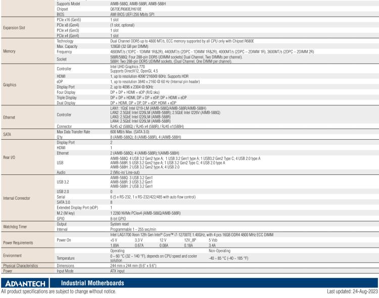 研華AIMB-588 適配Intel 第12代 Core i 系列處理器，搭載Q670E/ R680E/ H610E芯片組。高性能可達(dá)服務(wù)器級別高端產(chǎn)品，獨(dú)立四顯，專業(yè)的圖像處理能力，是理想的行業(yè)解決方案。