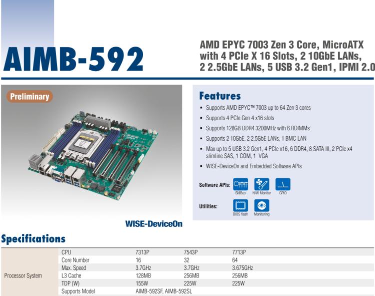 研華AIMB-592 適配AMD EPYC 7003系列處理器。性能達(dá)到服務(wù)器級別，4路PCIe x16滿足各類拓展需求，可做小型工作站、小型視覺圖像處理服務(wù)器使用。