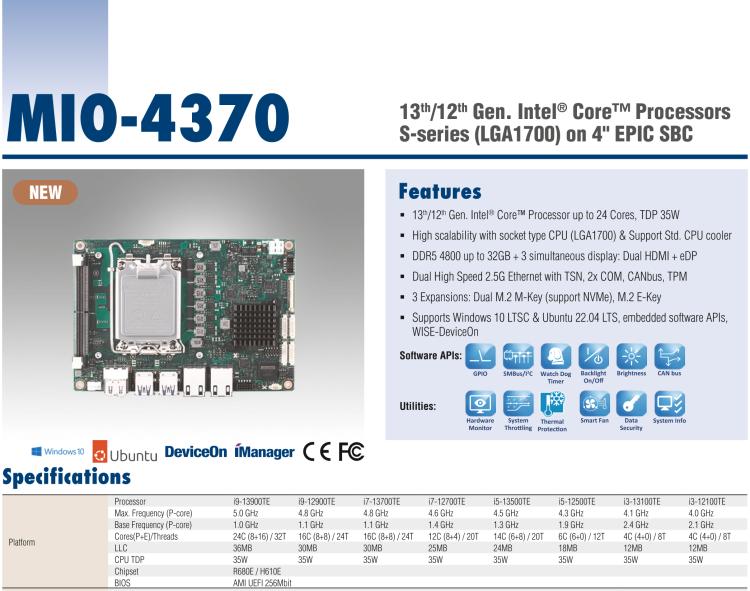 研華MIO-4370 基于第12代Intel Core處理器（Alder Lake-S系列，LGA1700 socket CPU）， 4" EPIC 單板電腦