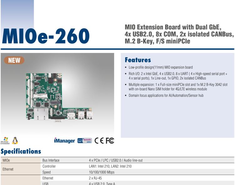 研華MIOe-260 M.2 B-key，高速 miniPCIe，雙Intel LAN，4個(gè)USB2.0、8個(gè)COM