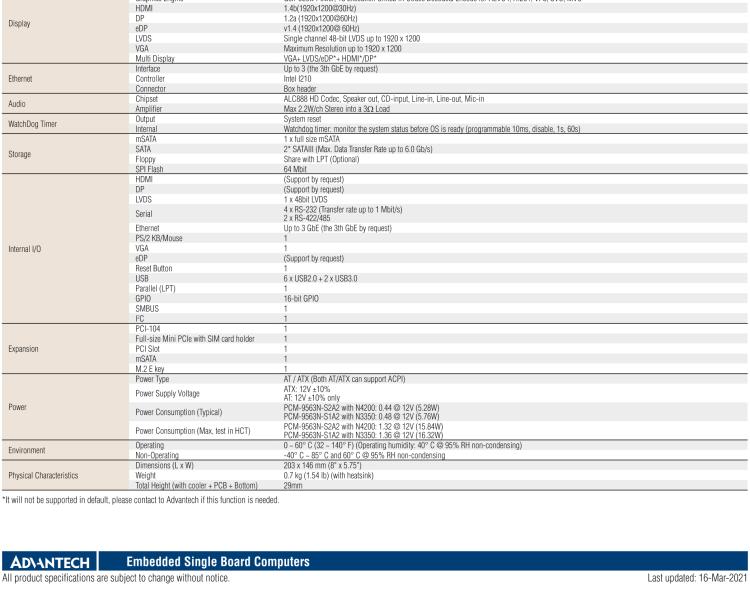 研華PCM-9563 英特爾第六代Atom?奔騰?/賽揚(yáng)?/ Atom?處理器N4000，N3000系列，帶VGA / LVDS / HDMI的EBX/5.25寸主板，3 GbE，8 USB，1 SATA，音頻，1個(gè)miniPCIe，1 M.2 E kay，1 m.SATA，6個(gè)COM